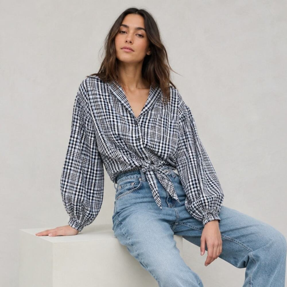 Topshop Shirt Womens 4 Blue Gingham Check Balloon Sleeve Tie Front Top